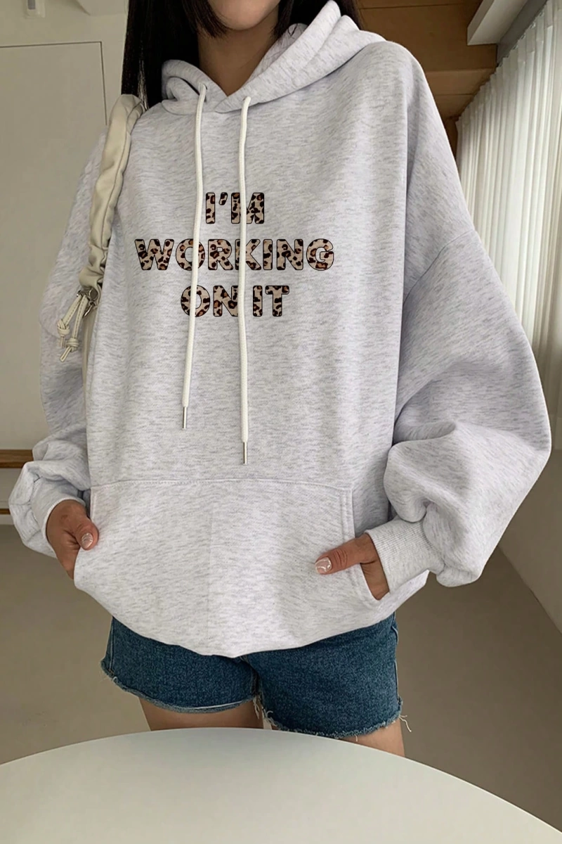Kadın Basit Baskılı Kapüşonlu Sweatshirt, Siyah, Üç Çeyrek Kollu Üstler Model 5206