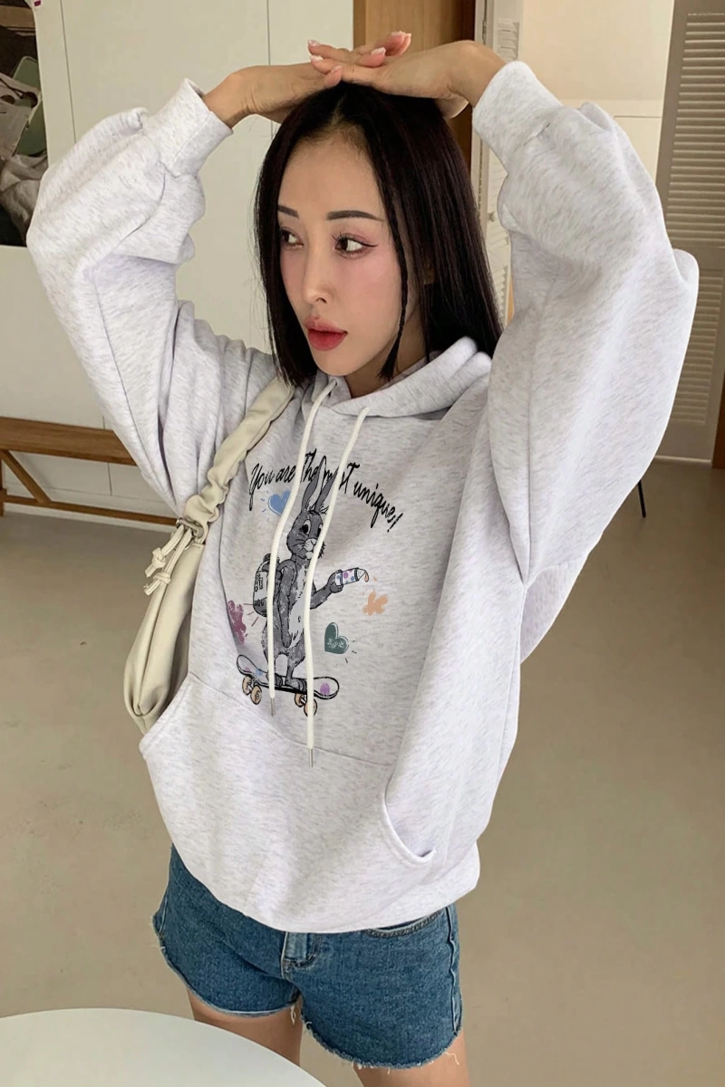 Kadın Basit Baskılı Kapüşonlu Sweatshirt, Siyah, Üç Çeyrek Kollu Üstler Model 5206
