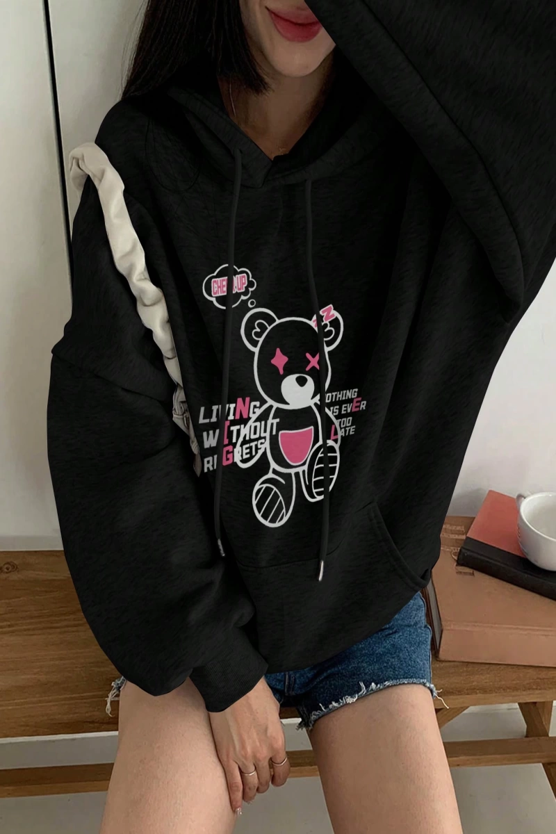 Kadın Basit Baskılı Kapüşonlu Sweatshirt, Siyah, Üç Çeyrek Kollu Üstler Model 5206
