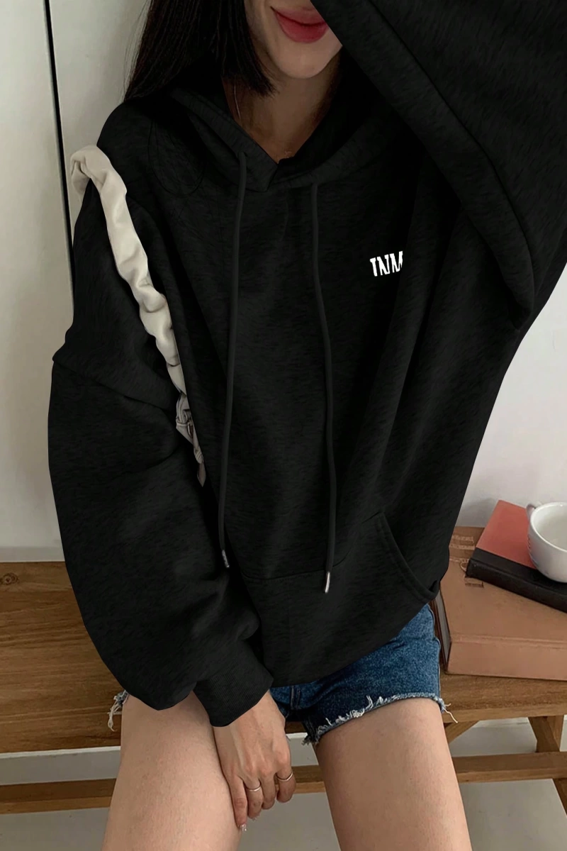 Kadın Basit Baskılı Kapüşonlu Sweatshirt, Siyah, Üç Çeyrek Kollu Üstler Model 5206