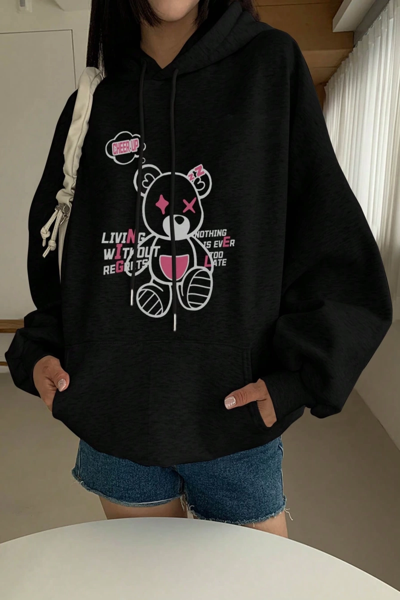 Kadın Basit Baskılı Kapüşonlu Sweatshirt, Siyah, Üç Çeyrek Kollu Üstler Model 5206