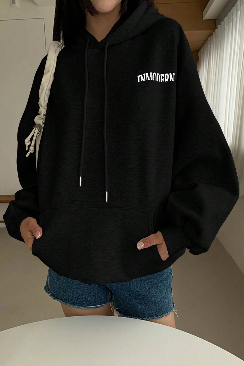 Kadın Basit Baskılı Kapüşonlu Sweatshirt, Siyah, Üç Çeyrek Kollu Üstler Model 5206