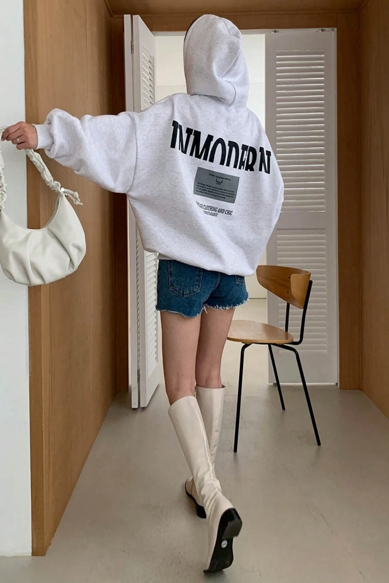 Kadın Basit Baskılı Kapüşonlu Sweatshirt, Siyah, Üç Çeyrek Kollu Üstler Model 5206