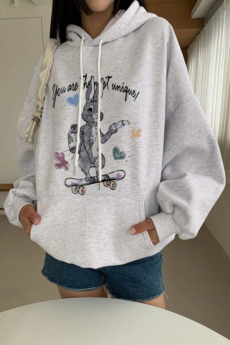 Kadın Basit Baskılı Kapüşonlu Sweatshirt, Siyah, Üç Çeyrek Kollu Üstler Model 5206