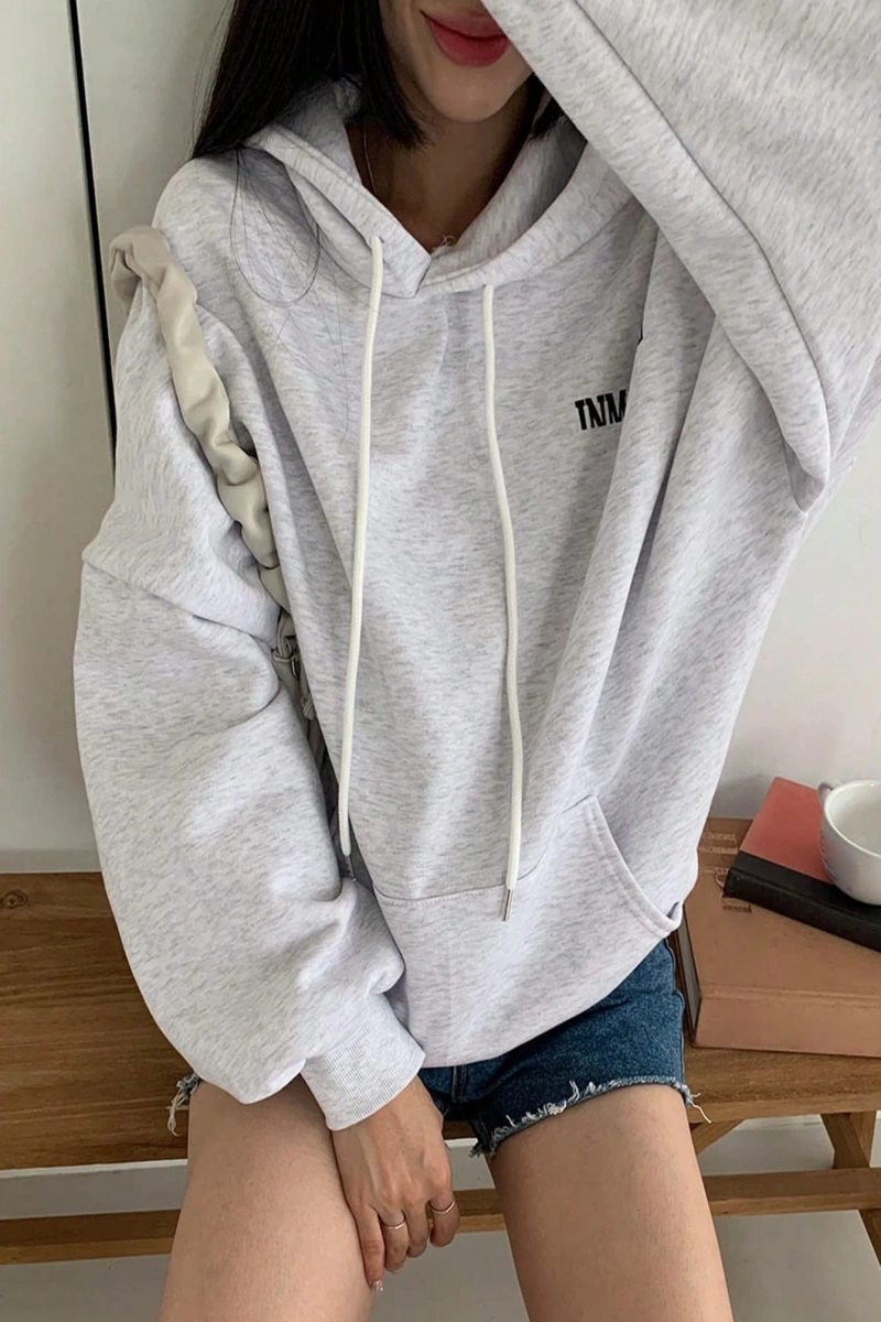 Kadın Basit Baskılı Kapüşonlu Sweatshirt, Siyah, Üç Çeyrek Kollu Üstler Model 5206