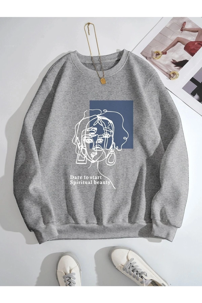 Kadın Beauty Baskılı Oversize Bisiklet Yaka Sweatshirt