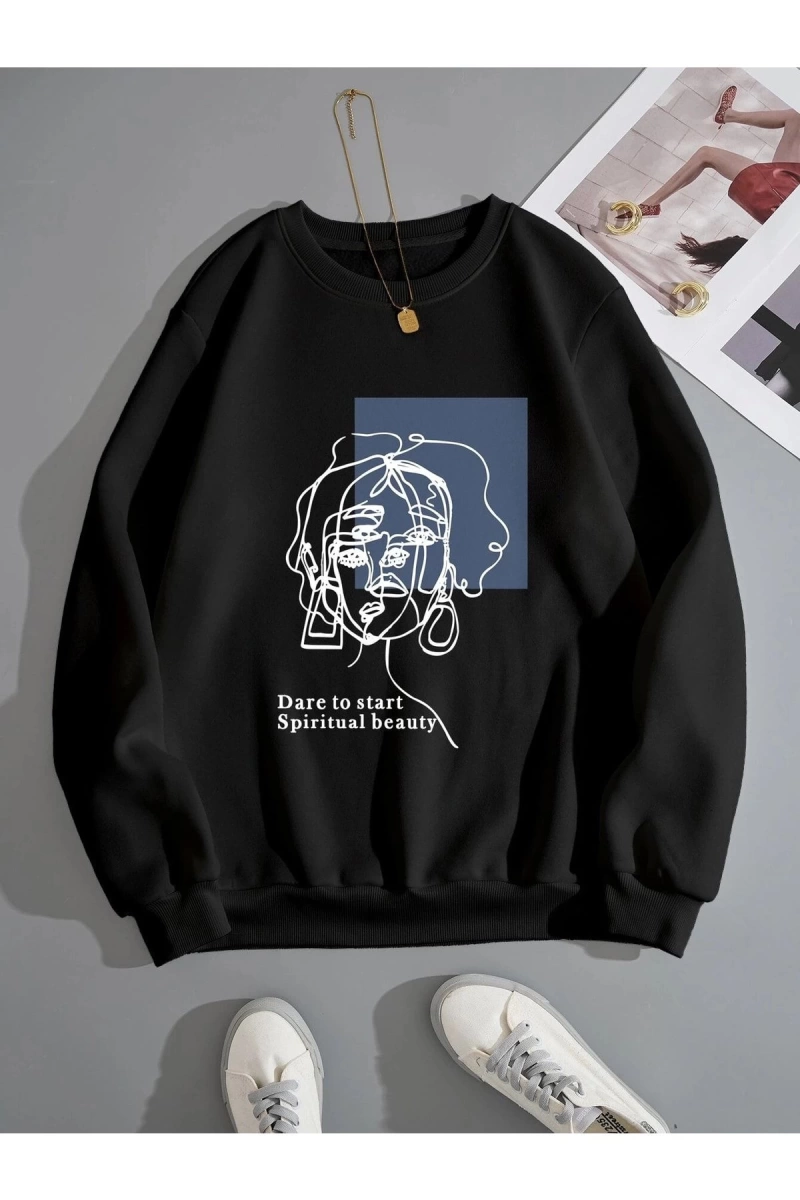 Kadın Beauty Baskılı Oversize Bisiklet Yaka Sweatshirt