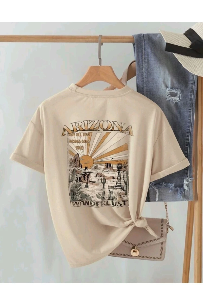 Kadın Bej Arızona Oversize Bisiklet Yaka Tshirt