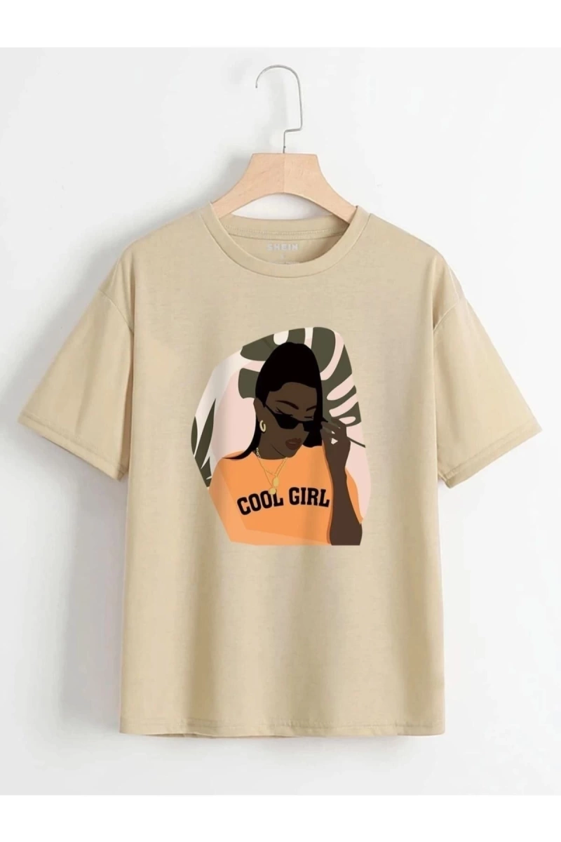 Kadın Bej Cool Gırl Oversize Bisiklet Yaka Tshirt