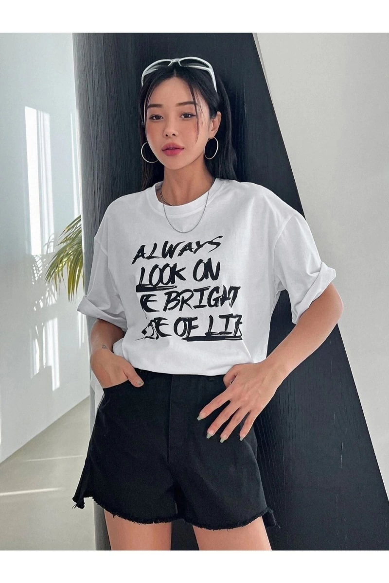 Kadın Beyaz Always Baskılı Oversize Bisiklet Yaka Tshirt