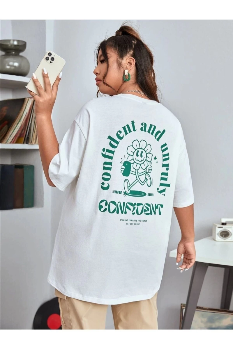 Kadın Beyaz Confied Baskılı Bisiklet Yaka Tshirt