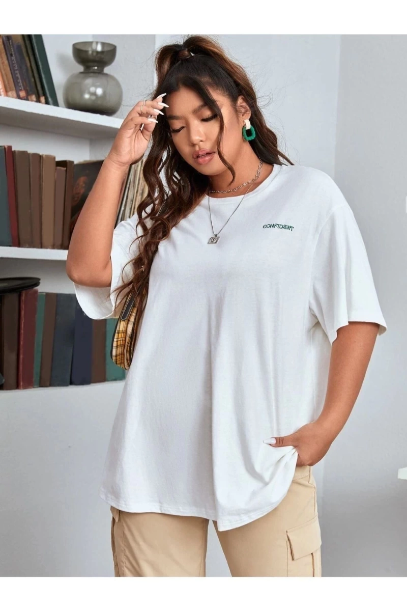 Kadın Beyaz Confied Baskılı Bisiklet Yaka Tshirt