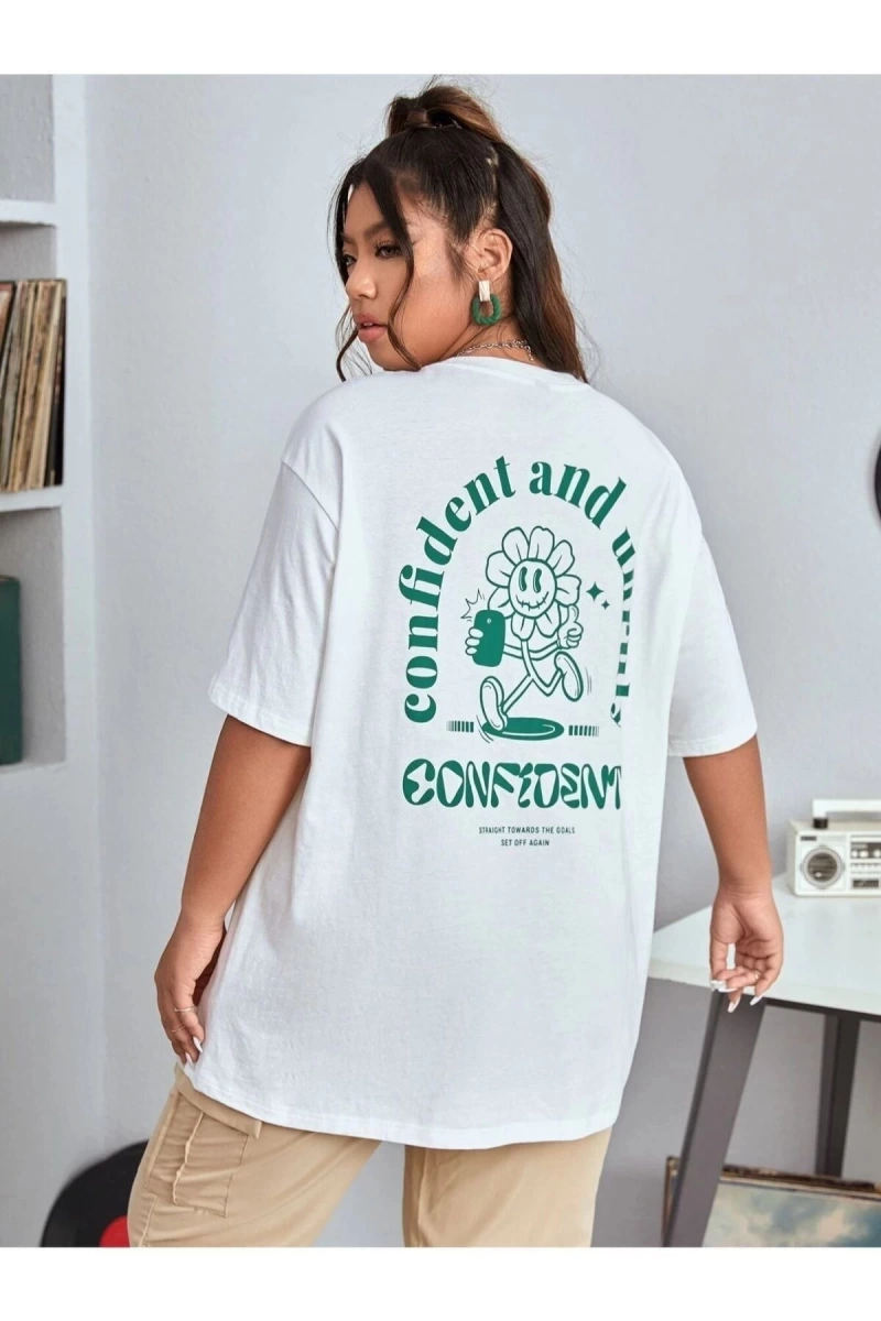 Kadın Beyaz Confied Baskılı Bisiklet Yaka Tshirt