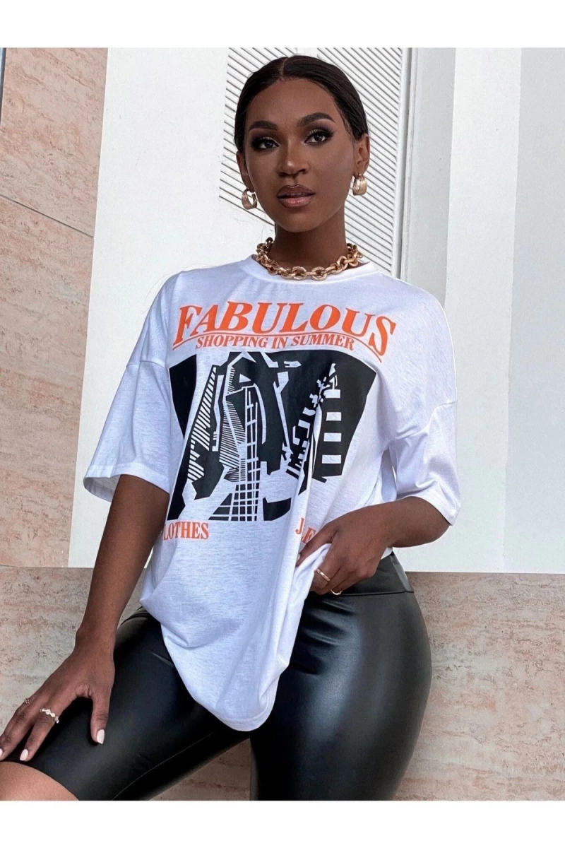 Kadın Beyaz Fabulous Baskılı Oversize Bisiklet Yaka Tshirt