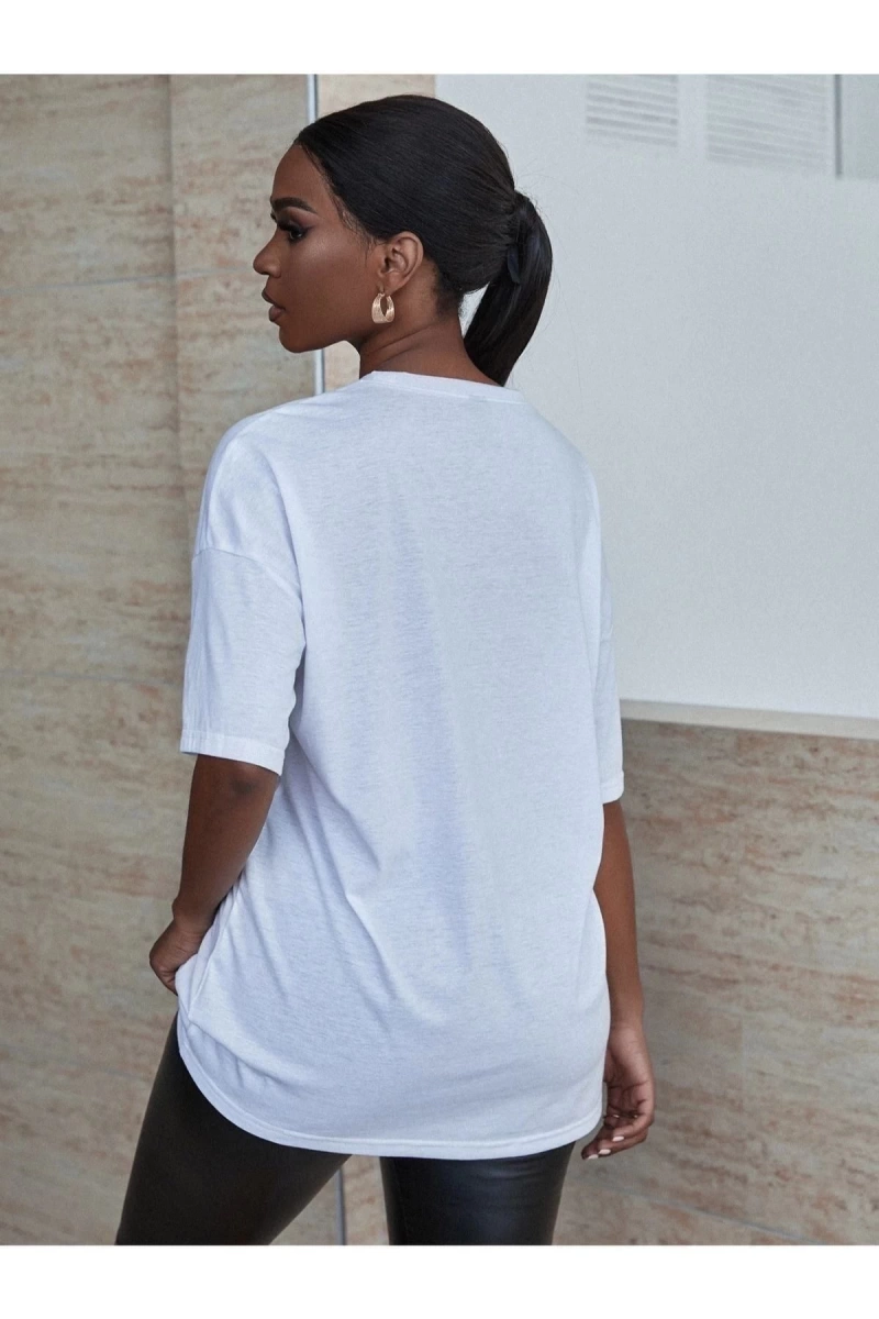 Kadın Beyaz Fabulous Baskılı Oversize Bisiklet Yaka Tshirt