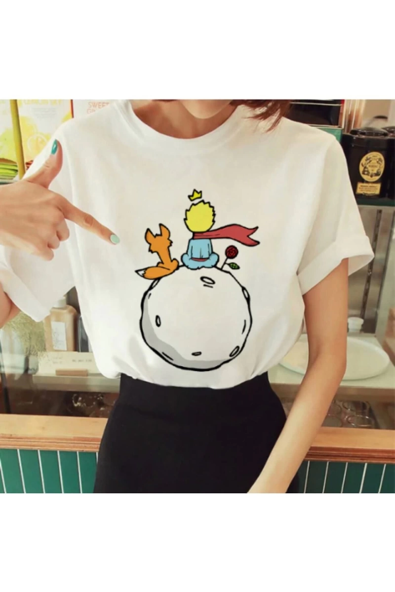 Kadın Beyaz Küçük Prens Baskılı Bisiklet Yaka Oversize Geniş Kalıp T-shirt Tişört