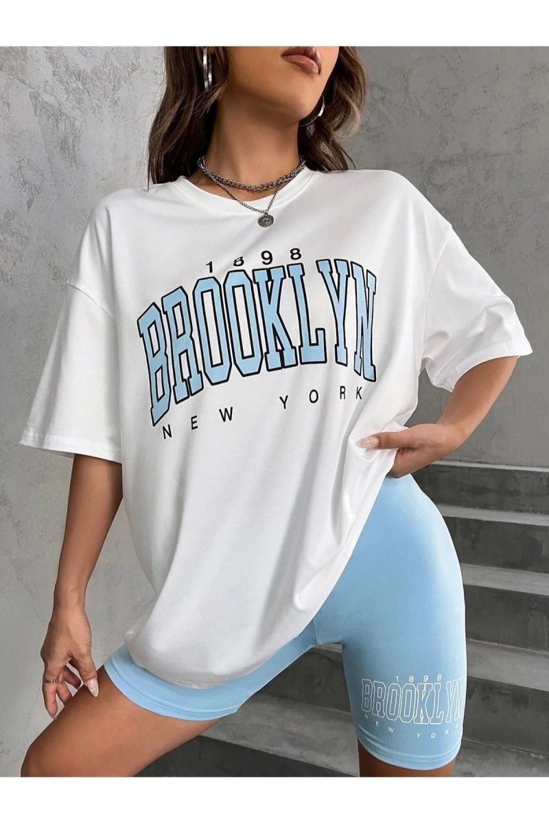 Kadın Beyaz Mavi Brooklyn Bisiklet Yaka Tshirt