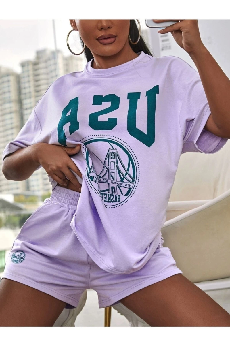 Kadın Beyaz Yeşil Usa Baskılı Bisiklet Yaka Tshirt