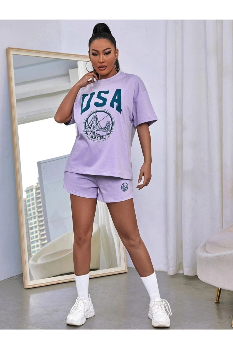 Kadın Beyaz Yeşil Usa Baskılı Bisiklet Yaka Tshirt