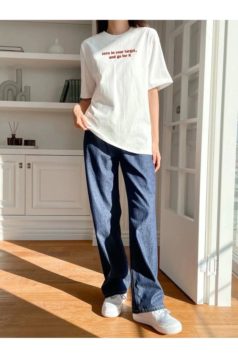 Kadın Beyaz Zero In Your Target Baskılı Oversize T-Shirt