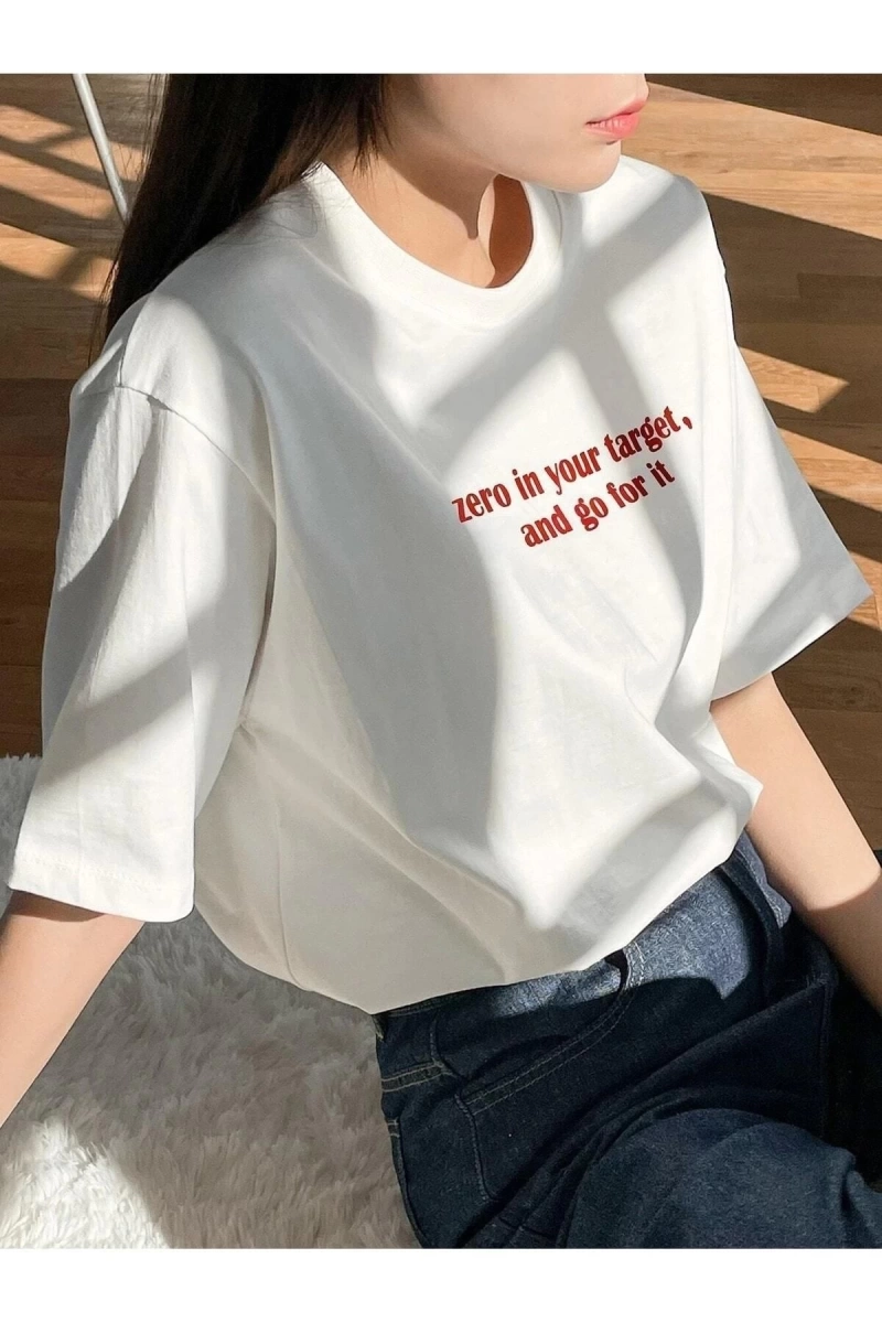 Kadın Beyaz Zero In Your Target Baskılı Oversize T-Shirt