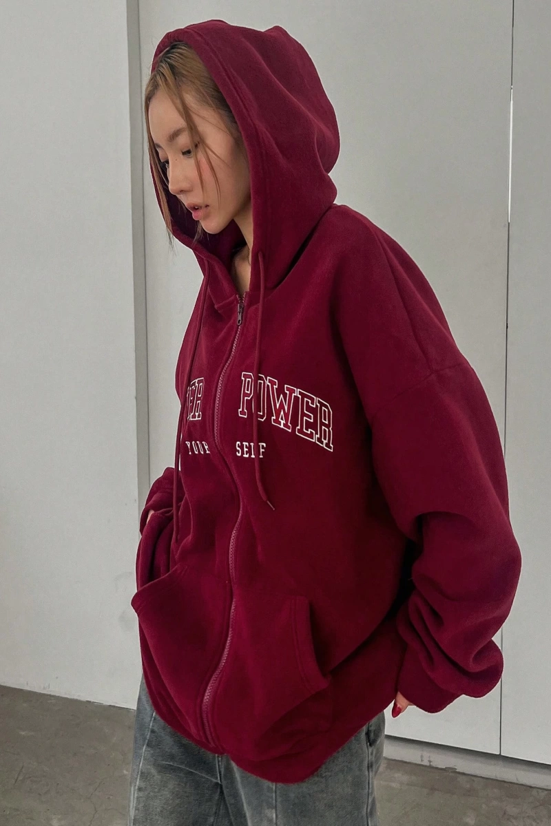 Kadın Bol Kesim Günlük Mektup Baskılı Düşük Omuz Fermuarlı Kapüşonlu, İlkbahar Sonbahar Model 5165