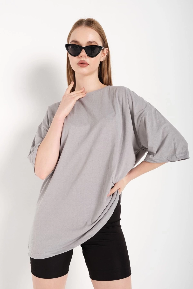 Kadın Boyamalı Gri Oversize T-shirt