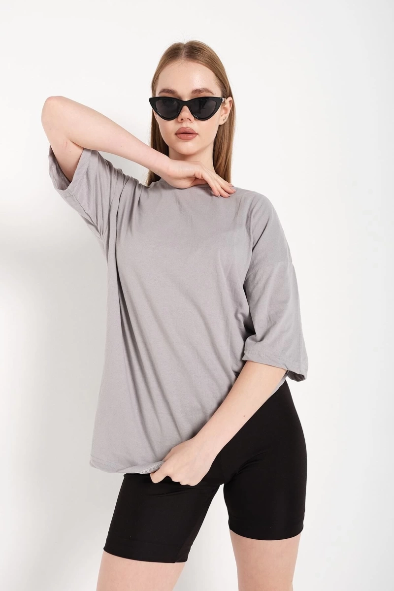 Kadın Boyamalı Gri Oversize T-shirt