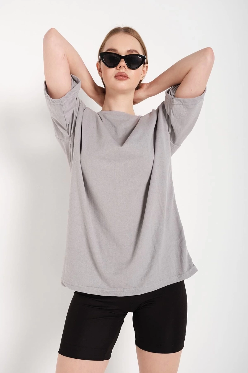 Kadın Boyamalı Gri Oversize T-shirt