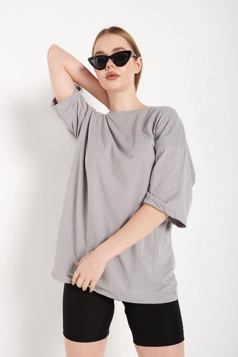 Kadın Boyamalı Gri Oversize T-shirt
