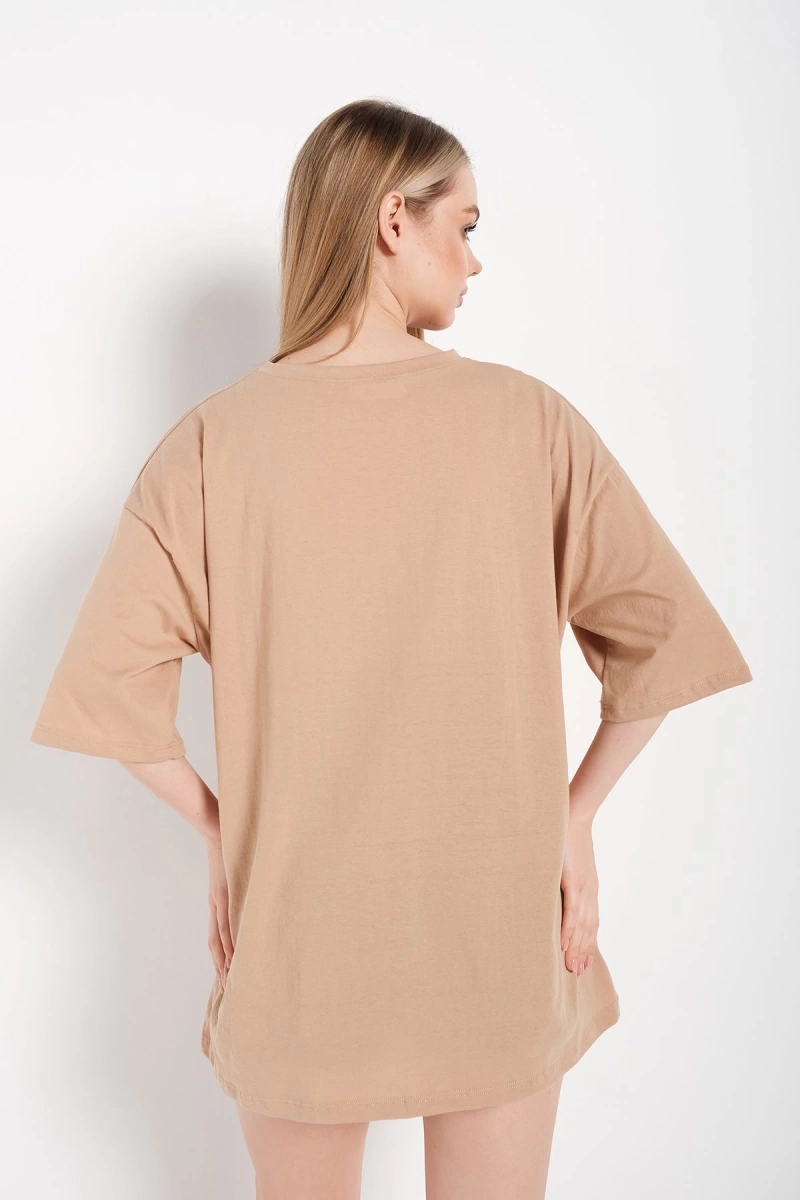 Kadın Camel Oversize Arizona Baskılı T-shirt