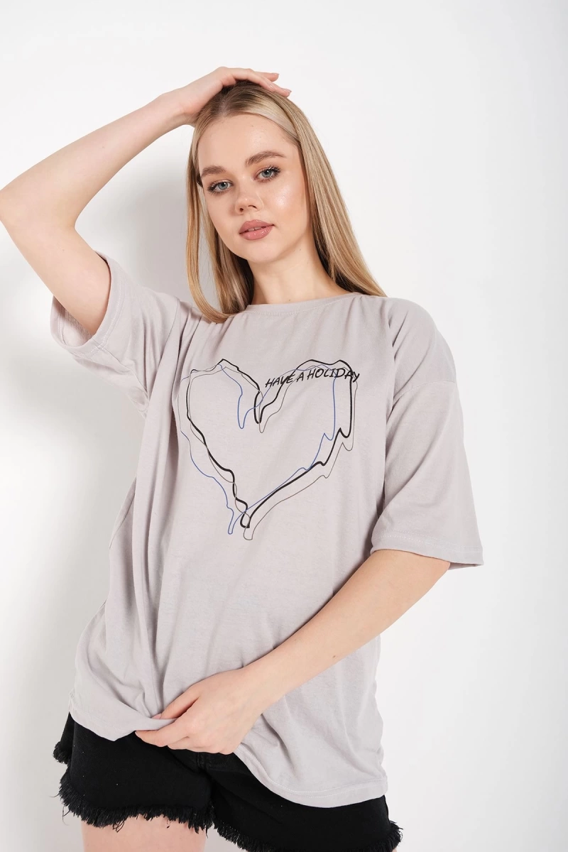 Kadın Çizgili Figür Kalp Boyamalı Gri T-shirt