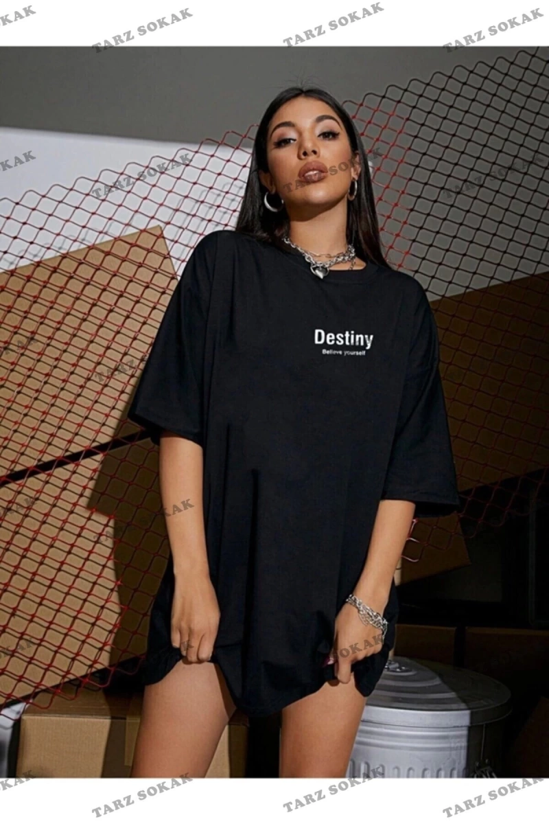 Kadın Destiny Baskılı Oversize Penye T-shirt