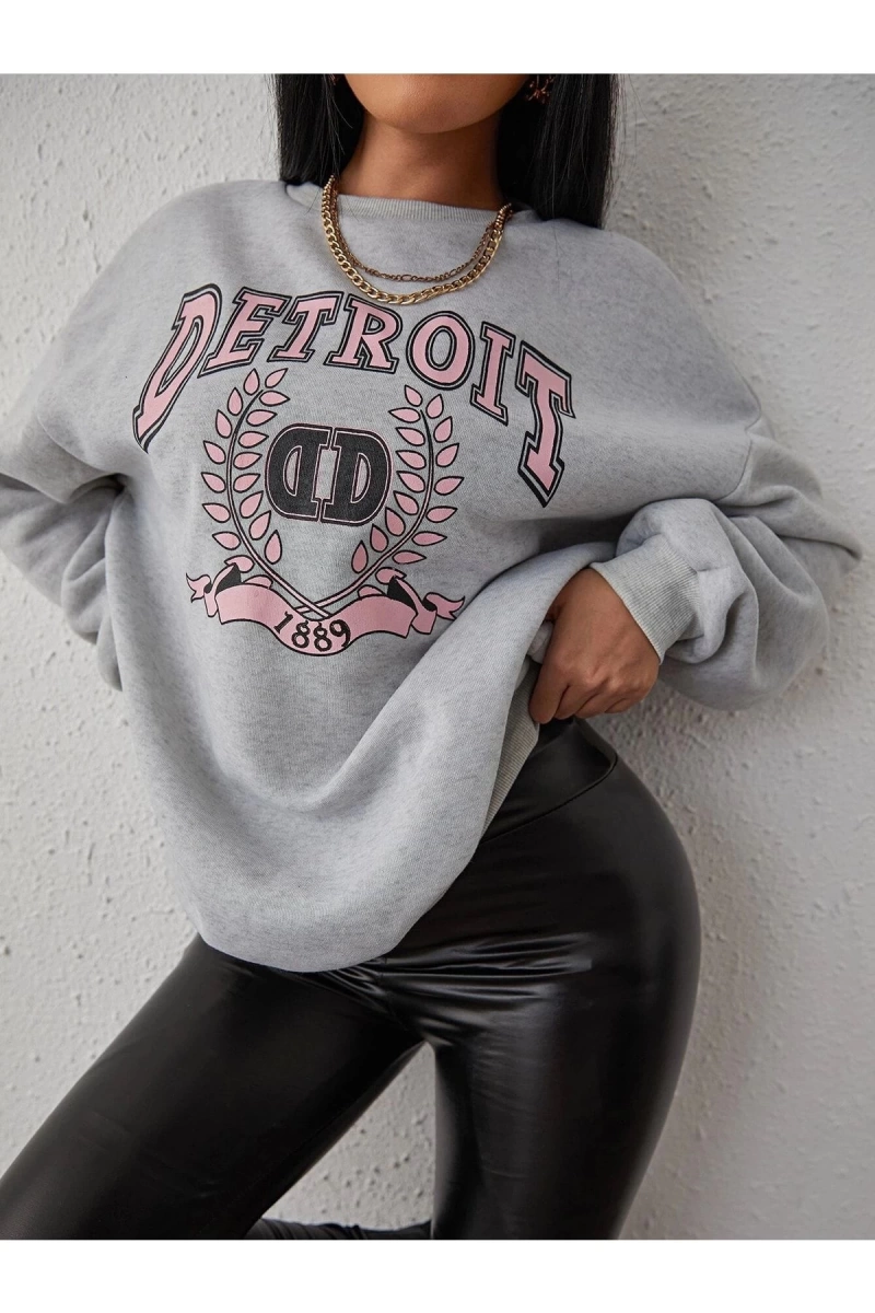 Kadın Detroıt Baskılı Oversize Bisiklet Yaka Sweatshirt