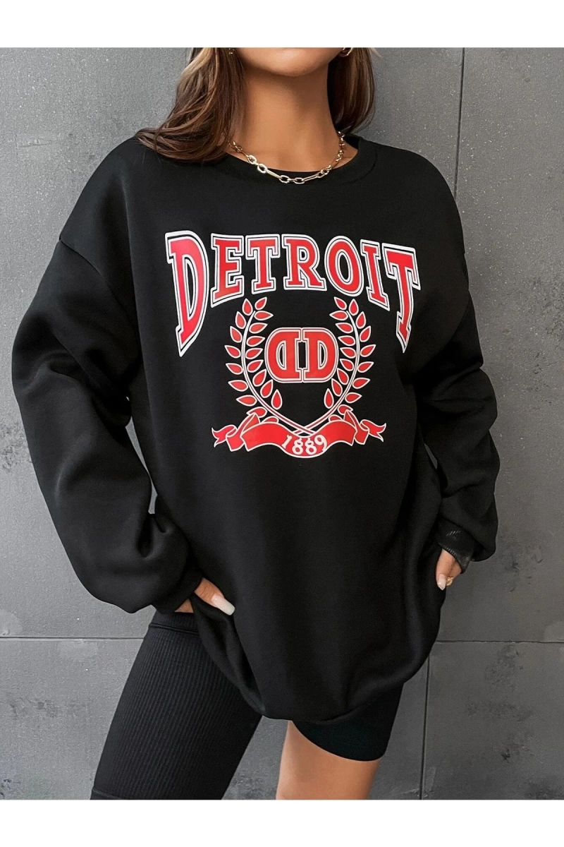 Kadın Detroıt Baskılı Oversize Bisiklet Yaka Sweatshirt