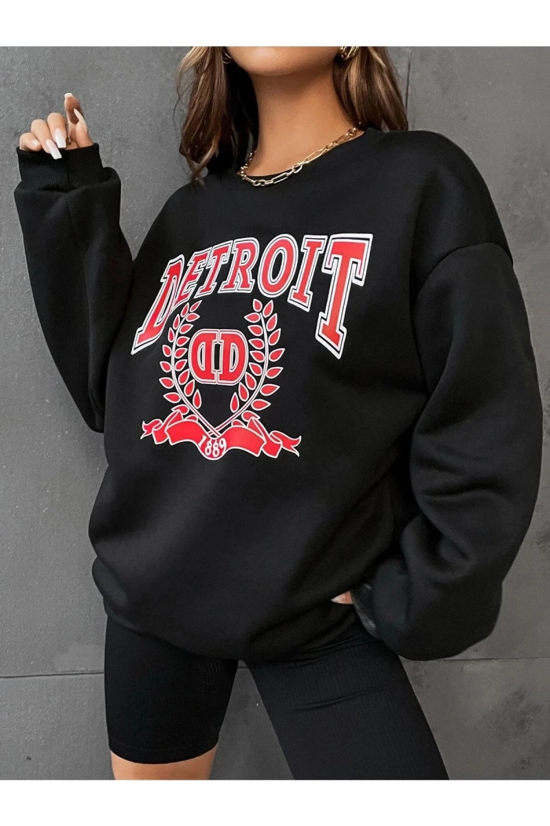 Kadın Detroıt Baskılı Oversize Bisiklet Yaka Sweatshirt