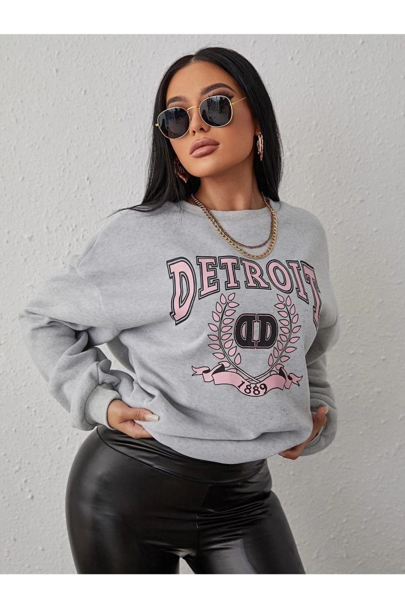 Kadın Detroıt Baskılı Oversize Bisiklet Yaka Sweatshirt