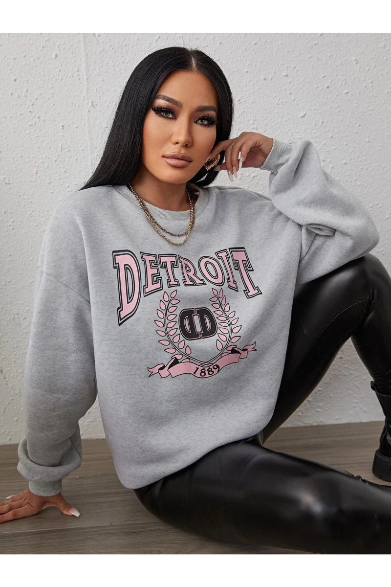 Kadın Detroıt Baskılı Oversize Bisiklet Yaka Sweatshirt