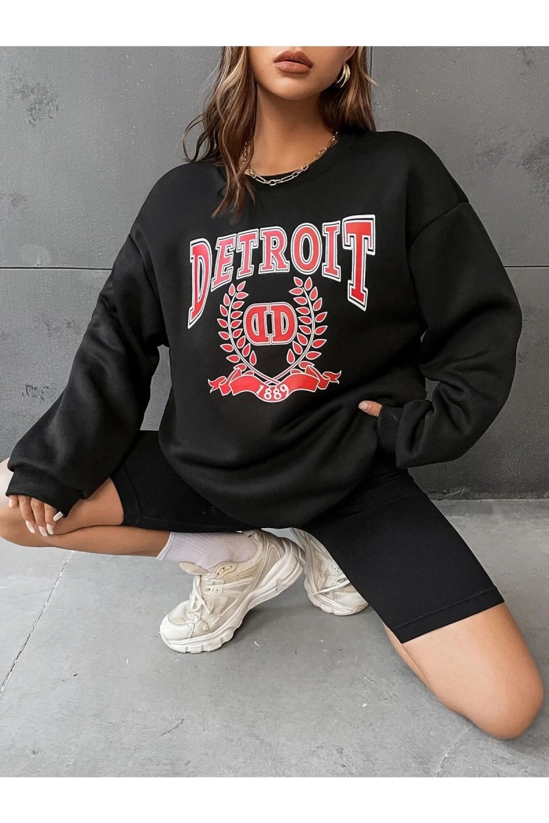 Kadın Detroıt Baskılı Oversize Bisiklet Yaka Sweatshirt