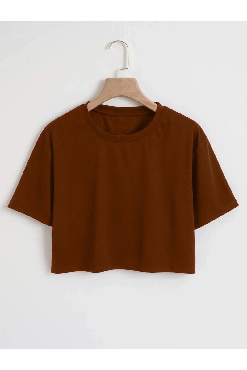 Kadın Düz Bisiklet Yaka Oversize Crop T-shirt 04CRP