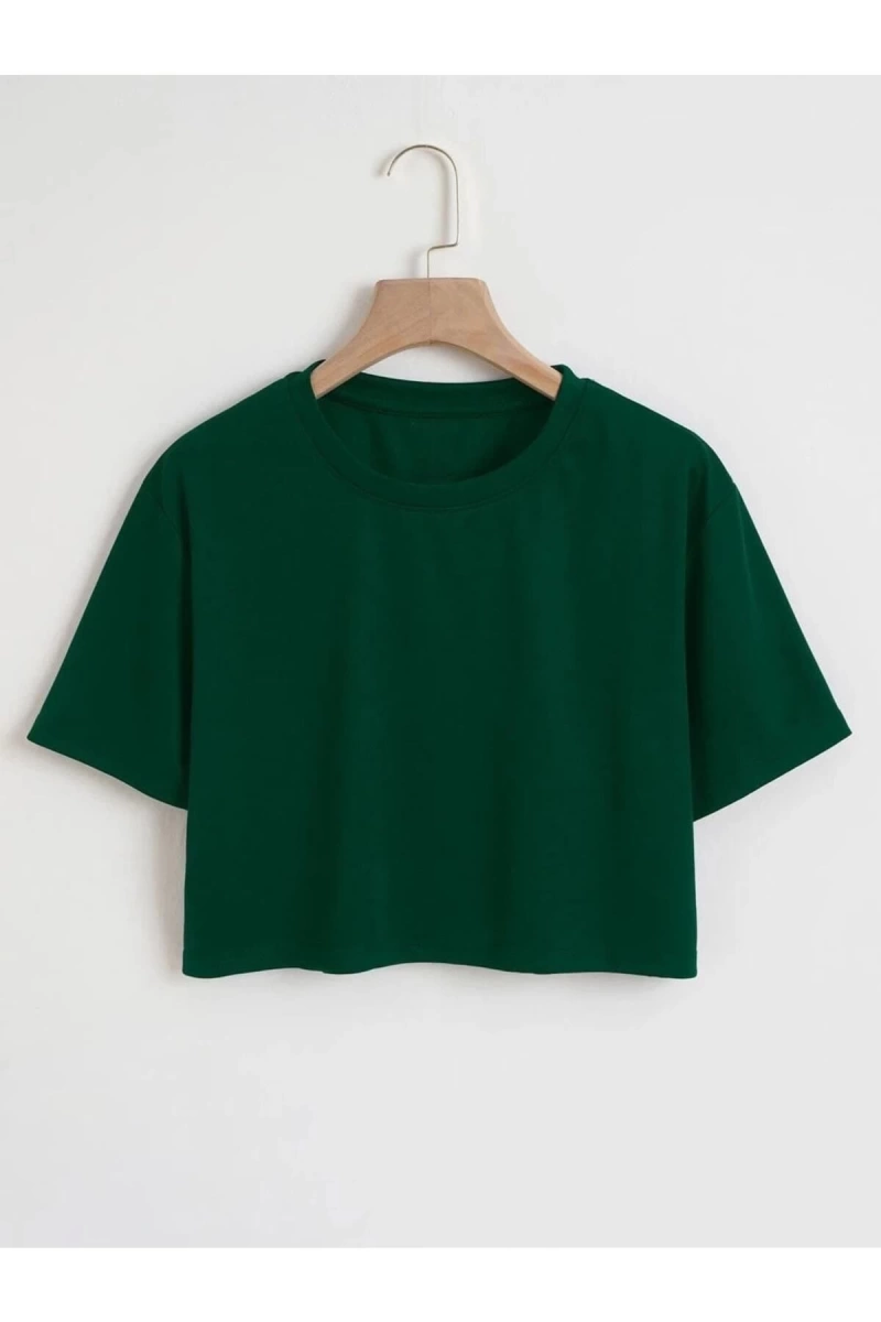 Kadın Düz Bisiklet Yaka Oversize Crop T-shirt 04CRP