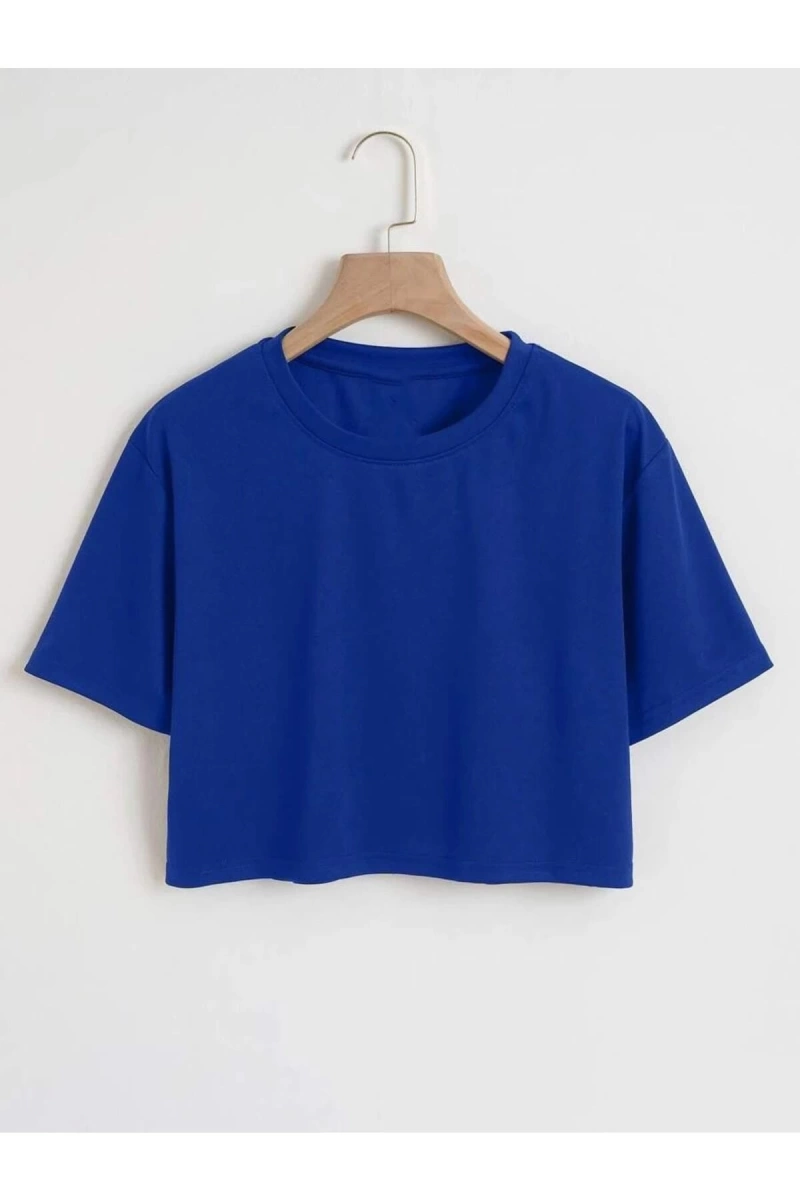 Kadın Düz Bisiklet Yaka Oversize Crop T-shirt 04CRP