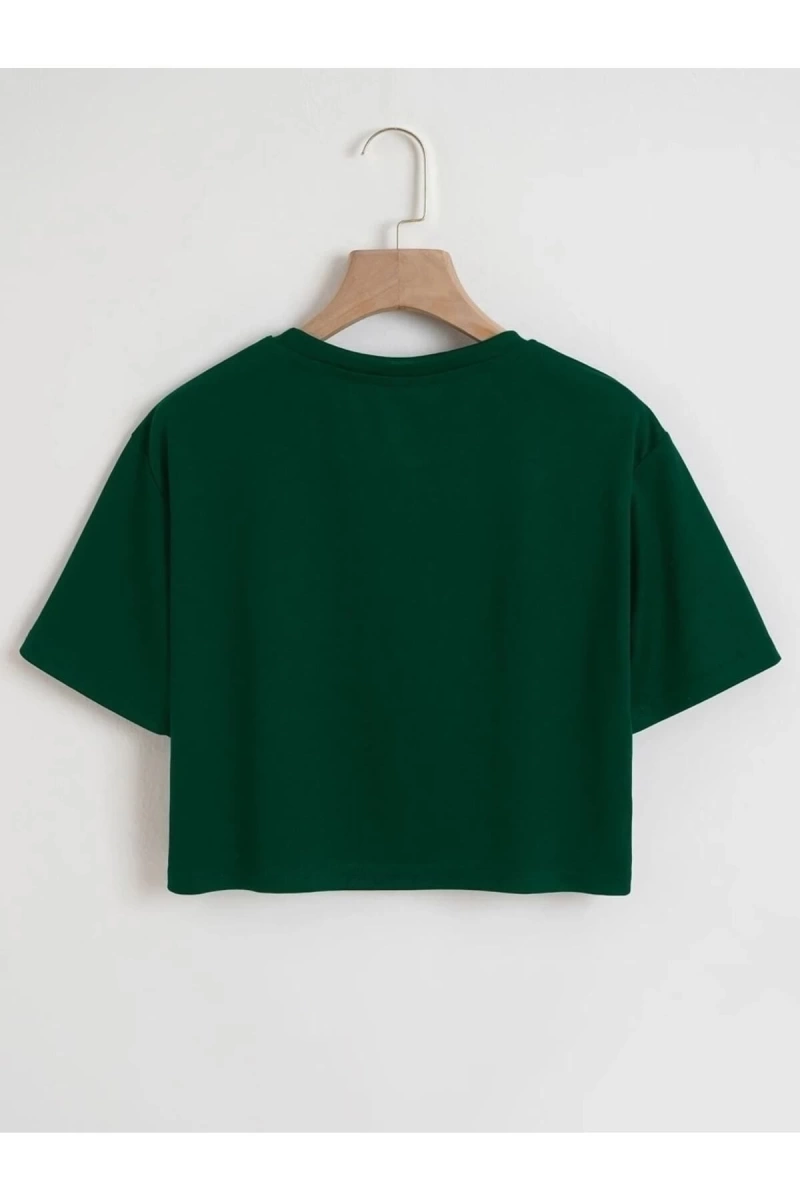 Kadın Düz Bisiklet Yaka Oversize Crop T-shirt 04CRP