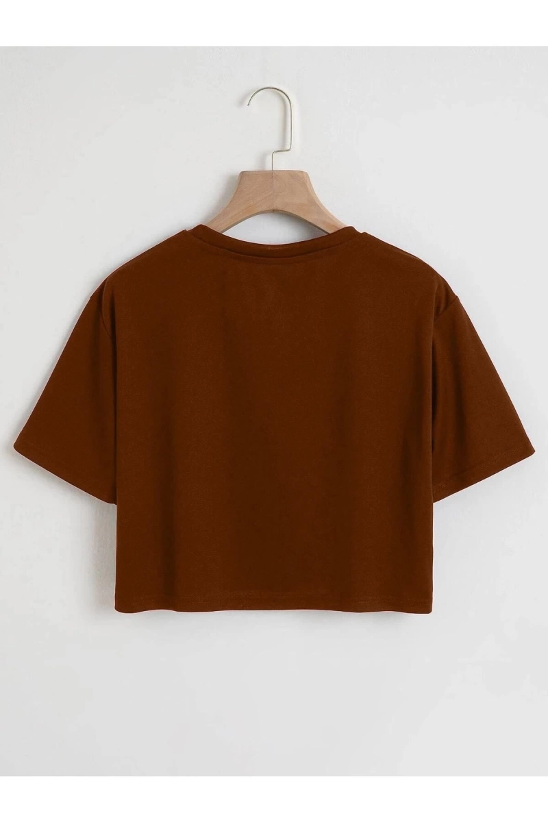 Kadın Düz Bisiklet Yaka Oversize Crop T-shirt 04CRP
