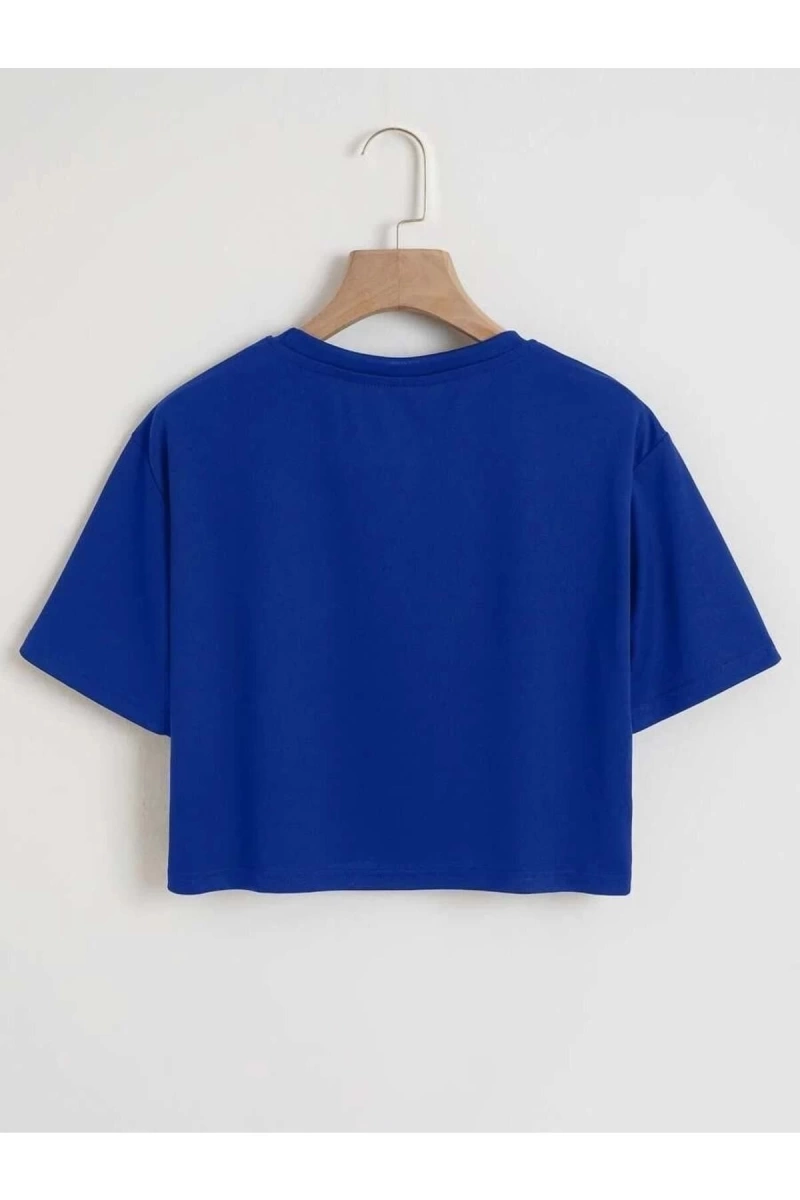 Kadın Düz Bisiklet Yaka Oversize Crop T-shirt 04CRP