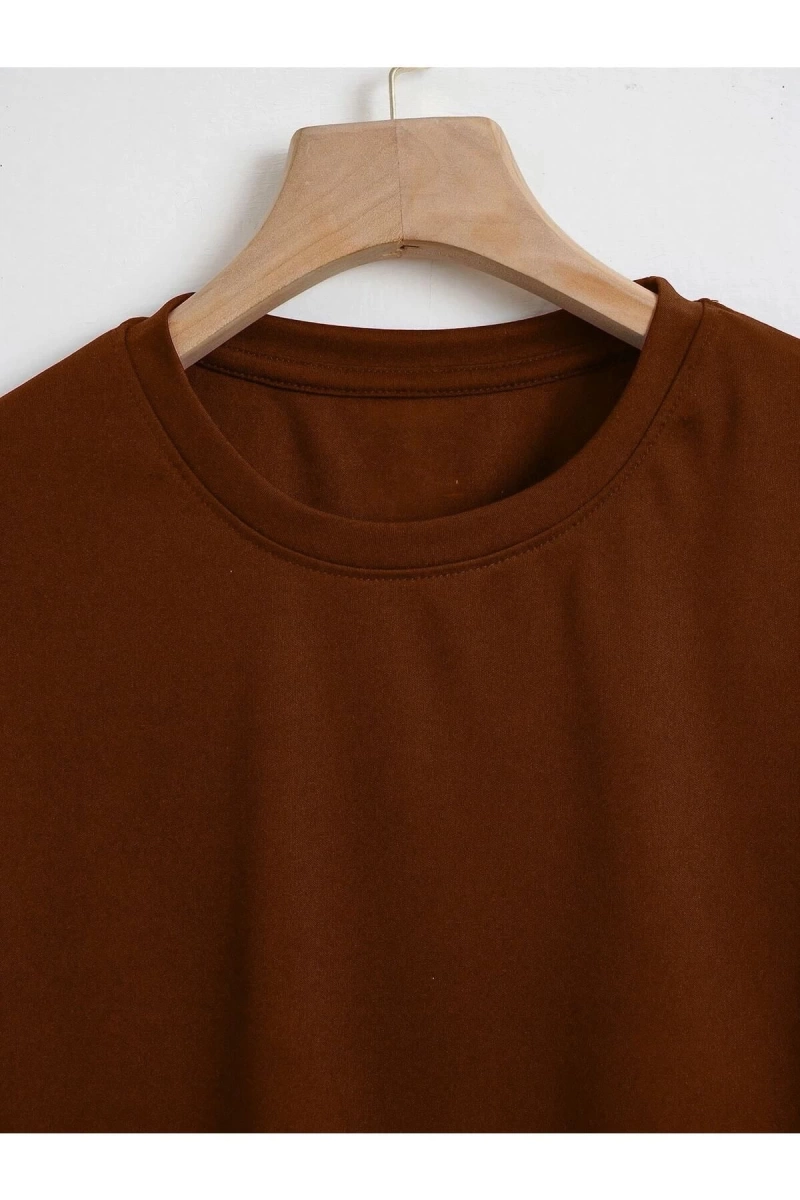 Kadın Düz Bisiklet Yaka Oversize Crop T-shirt 04CRP