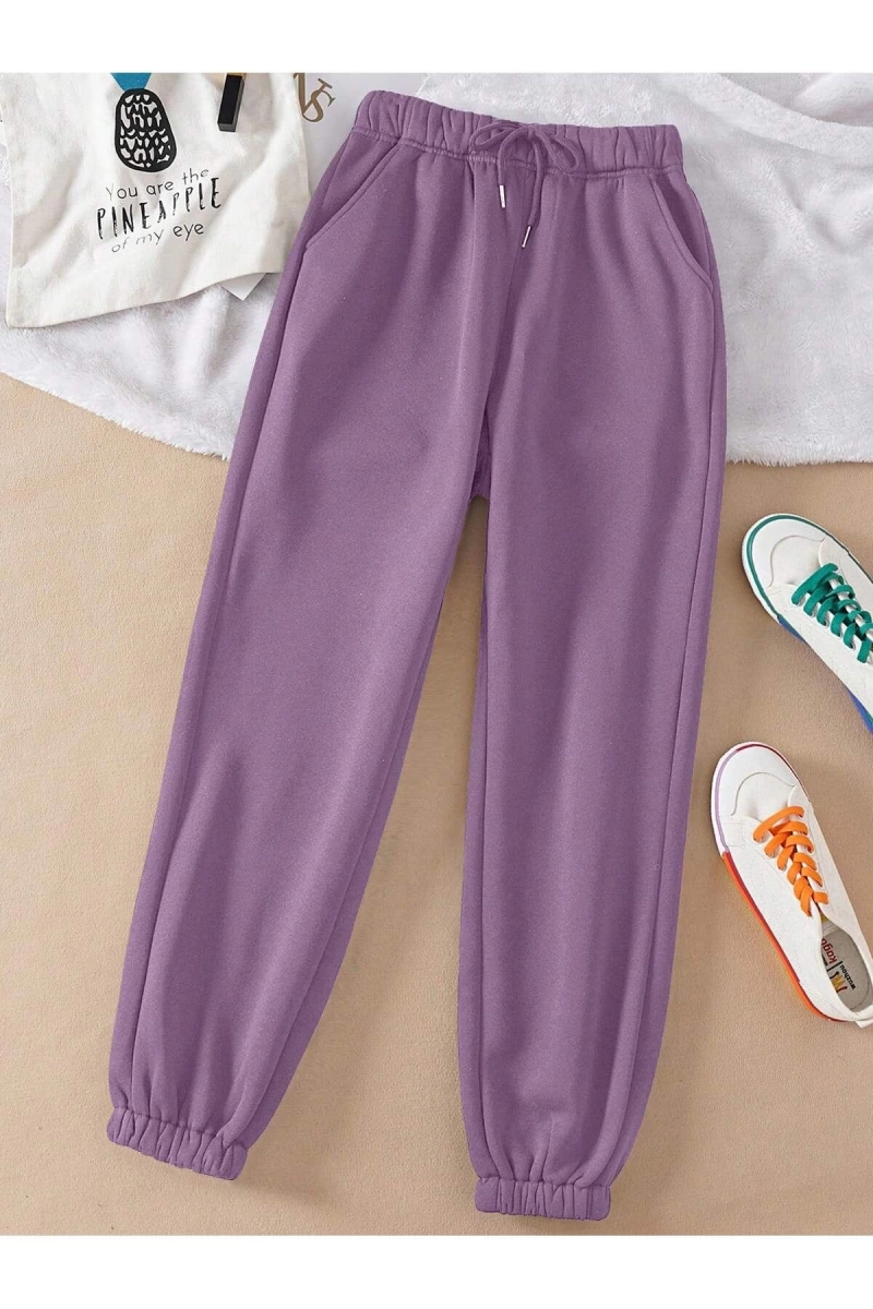Kadın Düz Renk İpli Bel Spor Pantolonları