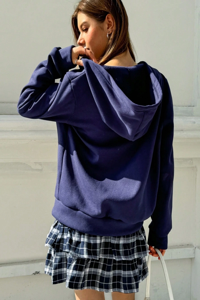 Kadın Düz Renk Kapşonlu Fermuarlı Sweatshirt, Basit Günlük Giyim Model 5180