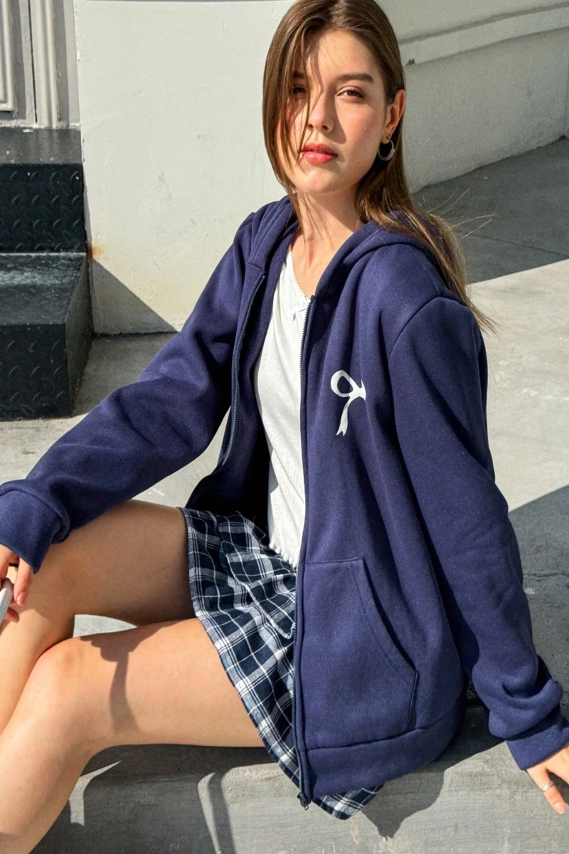 Kadın Düz Renk Kapşonlu Fermuarlı Sweatshirt, Basit Günlük Giyim Model 5180