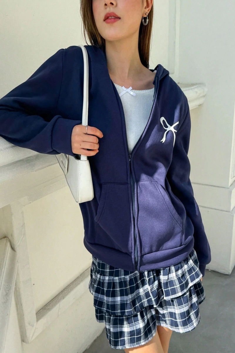 Kadın Düz Renk Kapşonlu Fermuarlı Sweatshirt, Basit Günlük Giyim Model 5180